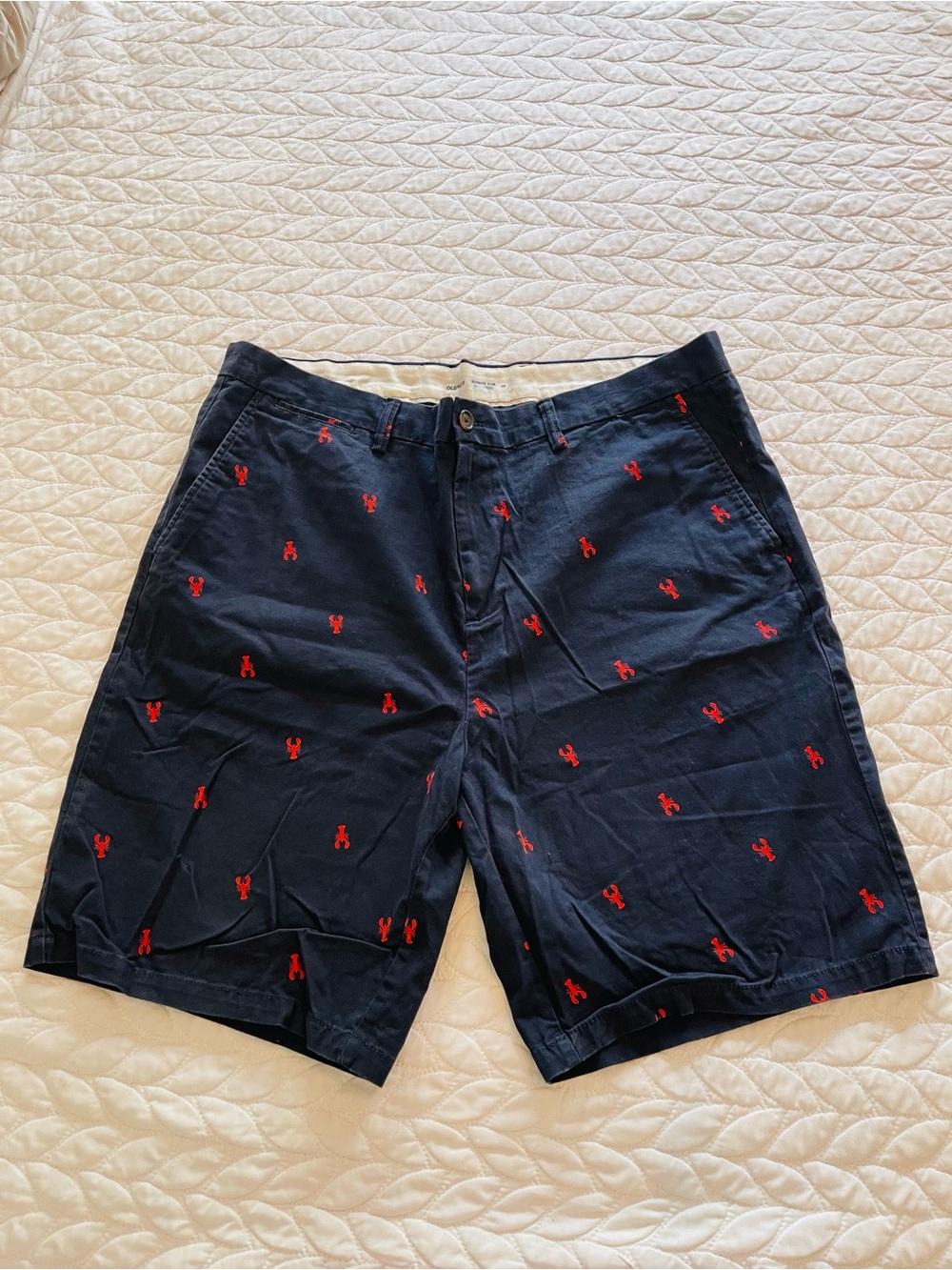 Old Navy Navy Flat-Front Shorts with Red Embroidery Motifs